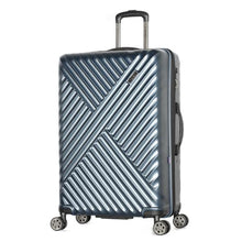 Load image into Gallery viewer, Angled front view of the navy blue hard shell suitcase with ridged design.