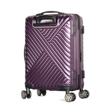 Load image into Gallery viewer, Angled back panel view of the purple hard shell suitcase with ridged pattern.