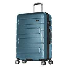 Load image into Gallery viewer, Angled front view of the teal suitcase.
