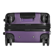 Load image into Gallery viewer, bottom panel view of the purple suitcase. It features a grip handle and our spinner wheels.