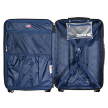 Load image into Gallery viewer, Interior view of the purple suitcase. It features blue lining, a zipper-closing panel divider with organization pockets, and adjustable straps.
