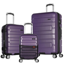 Load image into Gallery viewer, The purple carry-on, medium, and large suitcases arranged on a white background.