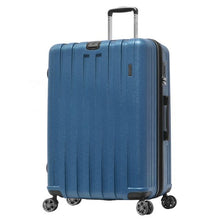 Load image into Gallery viewer, Angled front view of the navy blue suitcase.