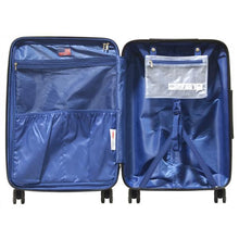 Load image into Gallery viewer, Interior view of the navy blue suitcase. It features a royal blue lining, zipper-closing panel dividers with pockets, and adjustable straps.