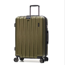 Load image into Gallery viewer, Angled front view of the olive green suitcase. It features an extended telescopic handle with four spinner wheels.