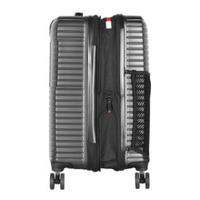 Load image into Gallery viewer, Side panel view of the charcoal gray suitcase with the expandable feature unzipped.