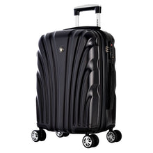 Load image into Gallery viewer, Angled front view of the black hard shell suitcase.