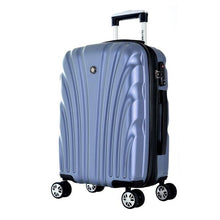 Load image into Gallery viewer, Angled front view of the icy blue hard shell suitcase. The telescopic handle is extended.