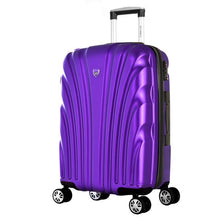 Load image into Gallery viewer, Angled front view of the purple hard shell suitcase. The telescopic handle is extended.