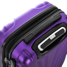 Load image into Gallery viewer, Angled top panel view of the purple suitcase. It features a grip handle and a telescopic handle.