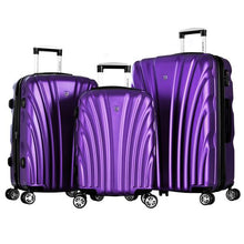 Load image into Gallery viewer, The carry-on, medium, and large purple suitcases arranged on a white background.