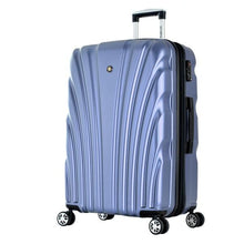 Load image into Gallery viewer, Angled front view of the icy blue hard shell suitcase. The telescopic handle is extended.