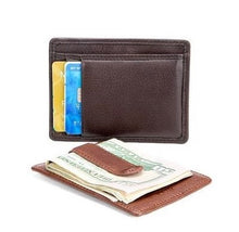 Load image into Gallery viewer, Angled views of the brandy and brown card cases with bills folded in the money clip, and cards in the compartments.