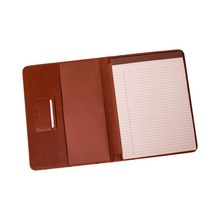 Load image into Gallery viewer, Interior view of the brandy leather pad cover, featuring a business card holder.