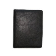 Load image into Gallery viewer, Front panel view of the black leather writing pad.