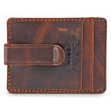 Load image into Gallery viewer, Back panel view of the leather card case with a money clip and two card pockets.