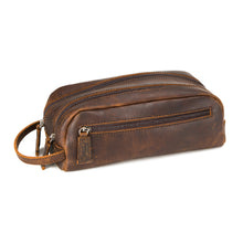 Load image into Gallery viewer, Angled view of the brown distressed leather shave kit.
