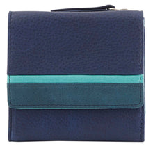 Load image into Gallery viewer, Front view of the navy blue wallet with turquoise accents.