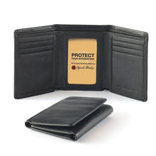 Load image into Gallery viewer, Interior and folded view of two matching black leather wallets.