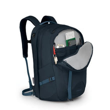 Load image into Gallery viewer, Angled front view of the kraken blue backpack with the front panel pocket unzipped.