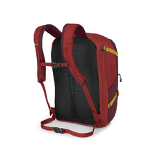 Load image into Gallery viewer, Angled back panel view of the Zircon Red backpack. it features shoulder, sternum and waist adjustable straps.