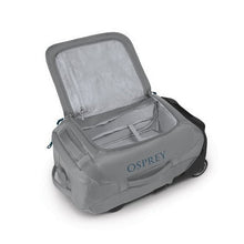 Load image into Gallery viewer, Interior view of the smoke grey wheeled duffle bag