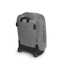 Load image into Gallery viewer, Angled back panel view of the smoke grey wheeled duffle.