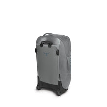 Load image into Gallery viewer, Angled back panel view of the gray suitcase.