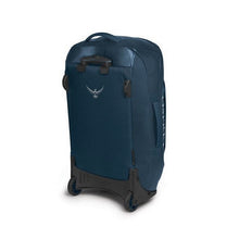 Load image into Gallery viewer, Angled back panel view of the blue wheeled duffle.