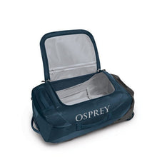 Load image into Gallery viewer, Interior view of the blue wheeled duffle bag.