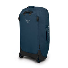 Load image into Gallery viewer, Angled back panel view of the venturi blue wheeled duffle bag.