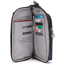 Load image into Gallery viewer, Interior view of the bag with six RFID credit card compartments and two organization pockets.