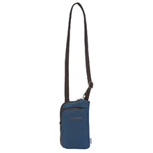Load image into Gallery viewer, Front panel view of the blue bag with the black shoulder strap extended.