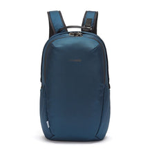 Load image into Gallery viewer, Front panel view of the blue backpack with pacsafe logo.