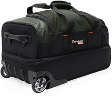 Load image into Gallery viewer, Angled side panel view of the green wheeled duffle bag.