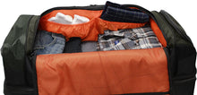 Load image into Gallery viewer, Interior close up to the green duffle with clothes folded in he compartments.