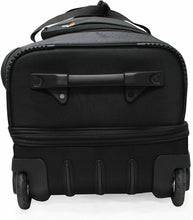 Load image into Gallery viewer, Bottom panel view of the black wheeled duffle. It features a grab handle and two wheels.