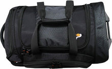 Load image into Gallery viewer, Top panel view of the black wheeled duffle bag.