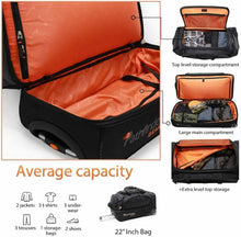Load image into Gallery viewer, Graphic with duffle bag features: top level, main and extra level compartments.