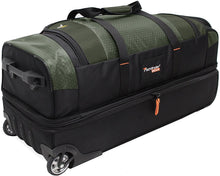 Load image into Gallery viewer, Angled side panel view of the green wheeled duffle bag.