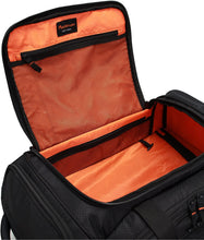 Load image into Gallery viewer, Angled interior view of the black duffle with orange lining.