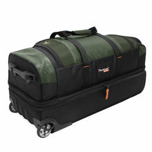 Load image into Gallery viewer, Angled side panel view of the green wheeled duffle bag.