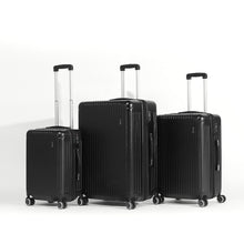 Load image into Gallery viewer, Three black suitcases: One small, one medium and one large, arranged on a white background.