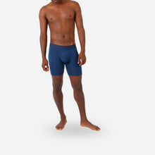 Load image into Gallery viewer, Front view of a young model wearing the navy blue boxer brief on a white background.