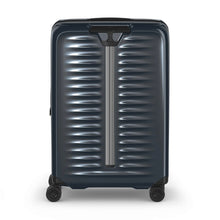 Load image into Gallery viewer, Back panel view of the navy blue suitcase with the telescopic handle retracted.