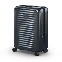 Load image into Gallery viewer, Front angled view of the dark blue suitcase with the telescopic handle retracted.