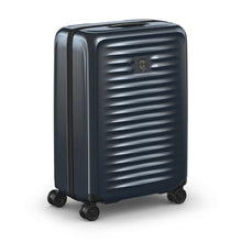Load image into Gallery viewer, Angled front view of the dark blue suitcase.