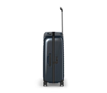Load image into Gallery viewer, Side panel view of the dark blue suitcase. This side features a grab handle and a TSA approved 3-digit combination lock.