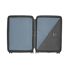 Load image into Gallery viewer, Interior view of the light blue suitcase showing the zipper-closing panel dividers to hold contents in place.
