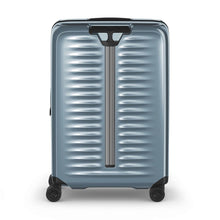 Load image into Gallery viewer, Back panel view of the light blue suitcase with the telescopic handle retracted.